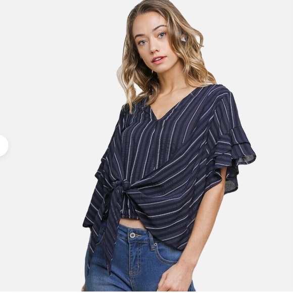 Umgee Striped Surplice Tie Front Flutter Sleeve Blouse - Picture 2 of 9